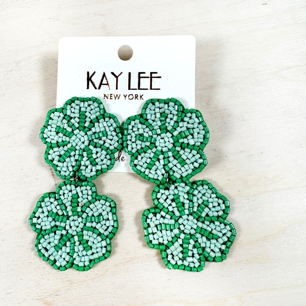 NWT Kay Lee Seed‎ Beaded Green Flowers Boho Party Accent Earrings Handmade